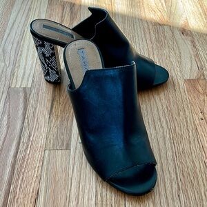 Tahari Black and Snake Print Mules